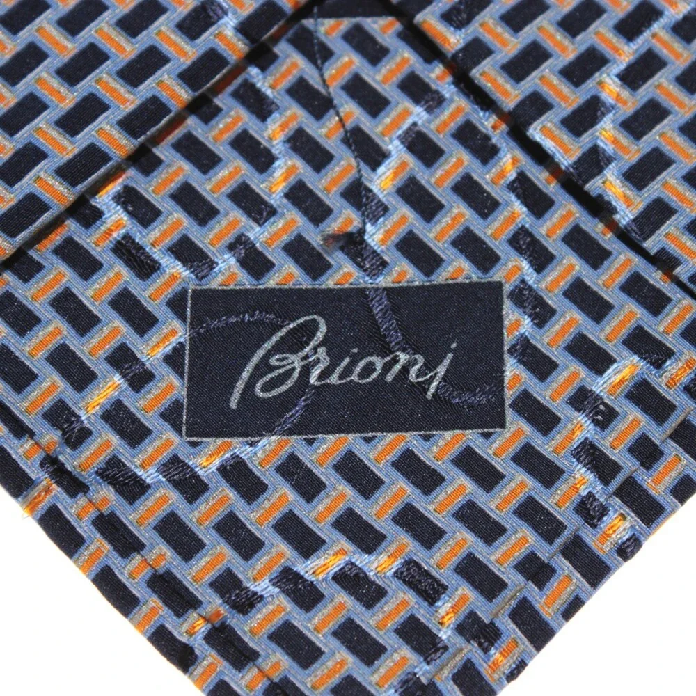 Brioni NWOT Neck Tie in Blues & Orange Geometric Print 100% Silk Made in Italy